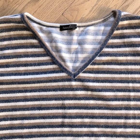 Amaryllis Soft Fleece Top Womens Plus Size 3X Tan Blue Long Sleeve V Neck Stripe - Picture 2 of 8